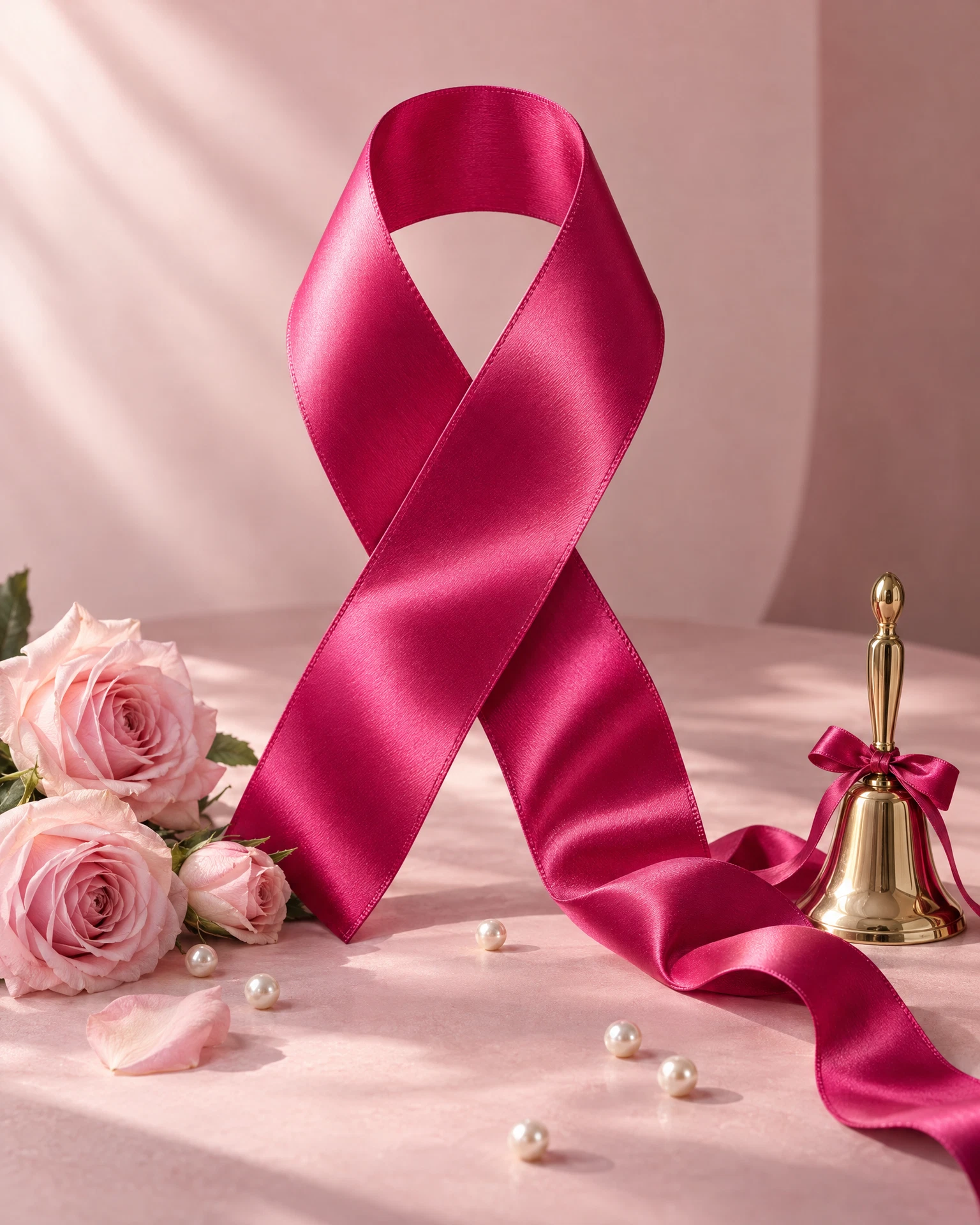 A pink breast cancer awareness ribbon, a golden bell, blush roses and pearls